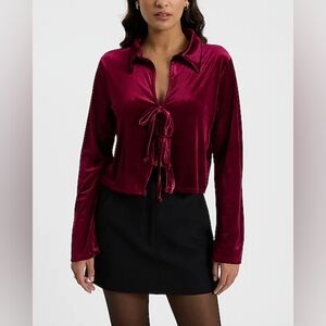 Velvet Long Sleeve Collared Tie Front Top, Burgundy